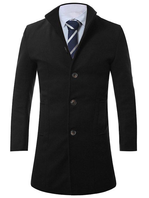 

Single Breasted Stand Collar Longline Wool Coat, Black