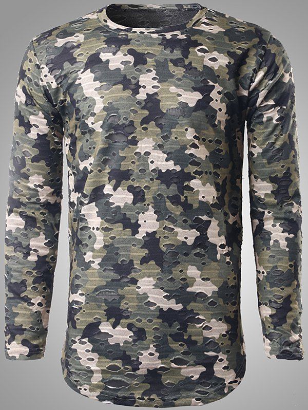 

Round Neck Long Sleeve Destroyed Camo T-Shirt, Green