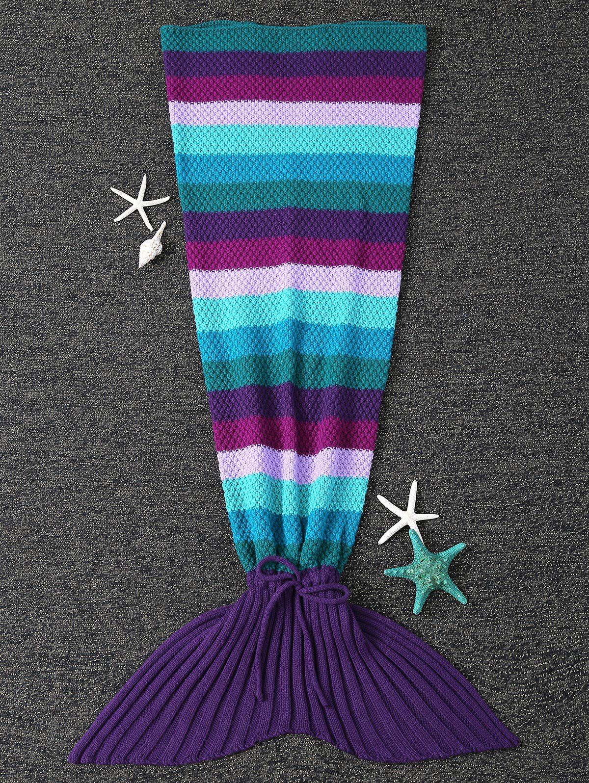 

Knitted Colorful Stripe Pattern Mermaid Tail Blanket, Colormix