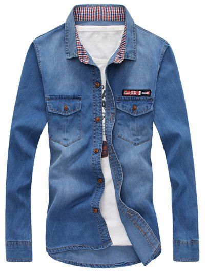 

Button Up Flag Pattern Denim Shirt, Medium blue