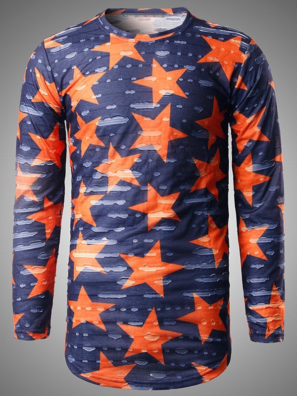 

Star Print Long Sleeve Destroyed T-Shirt, Blue