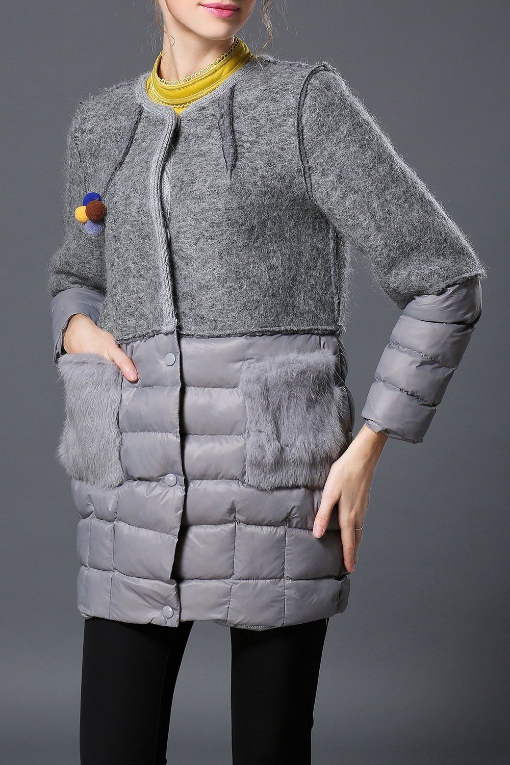 

Patch Pockets Single Breasted Down Coat, Gray