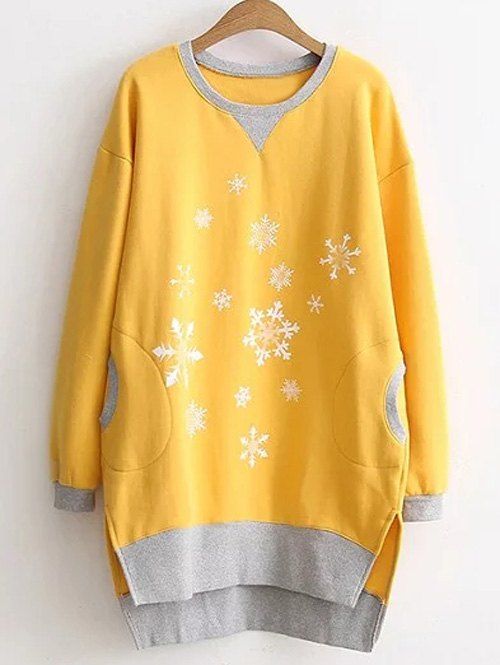 Plus Size Snowflake Imprimer poches design Sweatshirt - Jaune 3XL