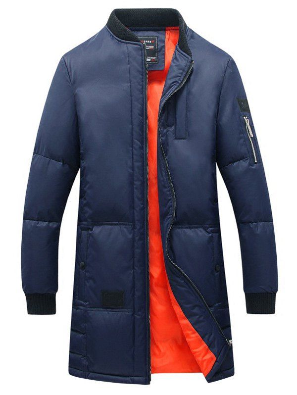 

Rib Splicing Stand Collar Zip-Up Lengthen Cotton-Padded Coat, Blue