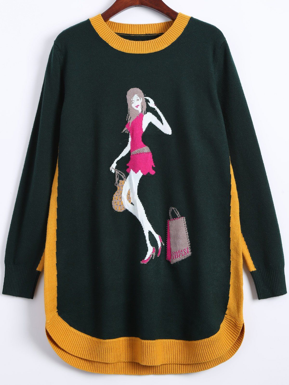 

Girl Print High Low Ribbed Hem Plus Size Sweater, Blackish green