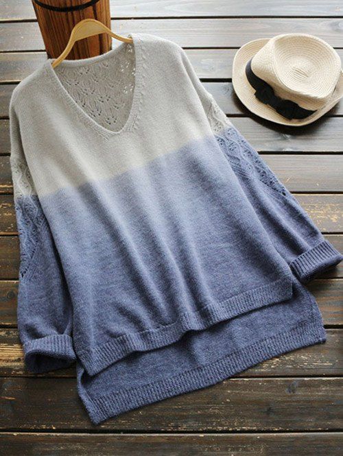 

V Neck Ombre High Low Sweater, Grey blue