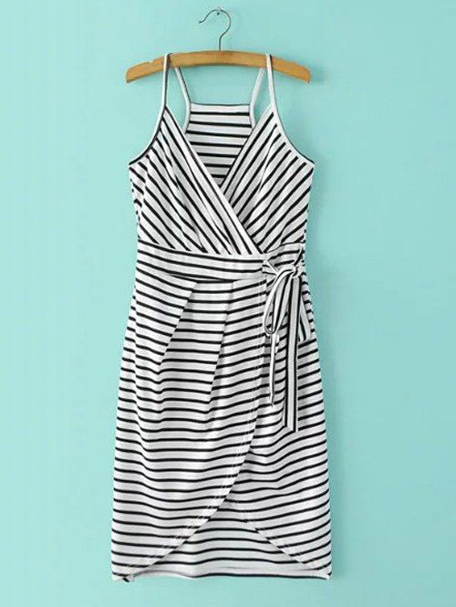 

Spaghetti Strap Stripe Surplice Dress, Black