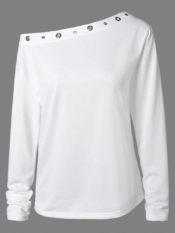 T-Shirt avec Anneaux Décoratifs à Une épaule Nue à Manches Longues - Blanc XL