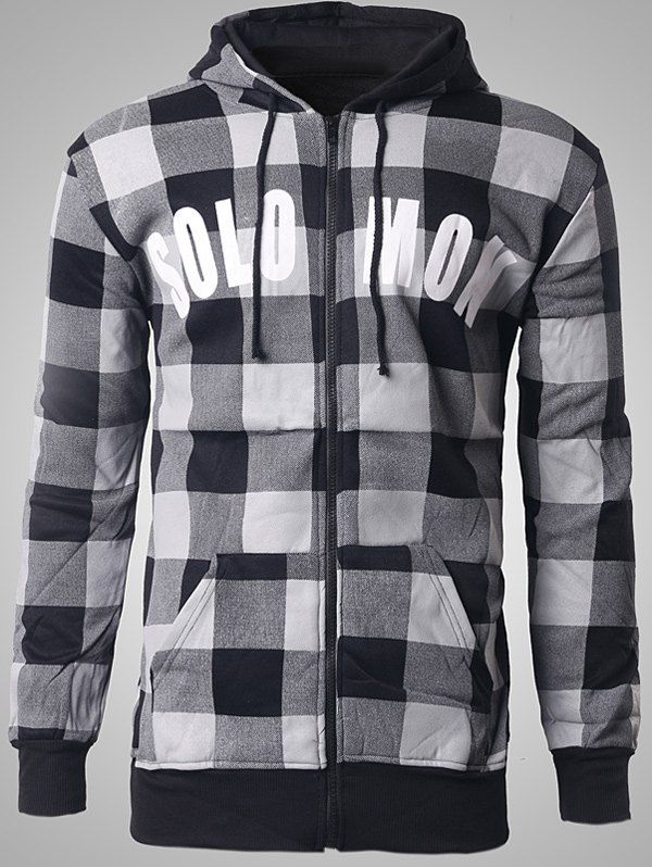 

Letter Print Zip-Up Plaid Hoodie, Black
