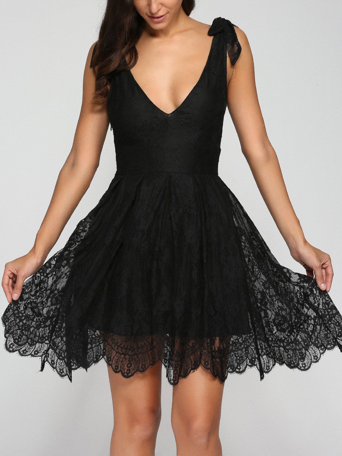 [17 Off] 2021 Sleeveless V Neck Mini Lace Flare Dress In Black Dresslily