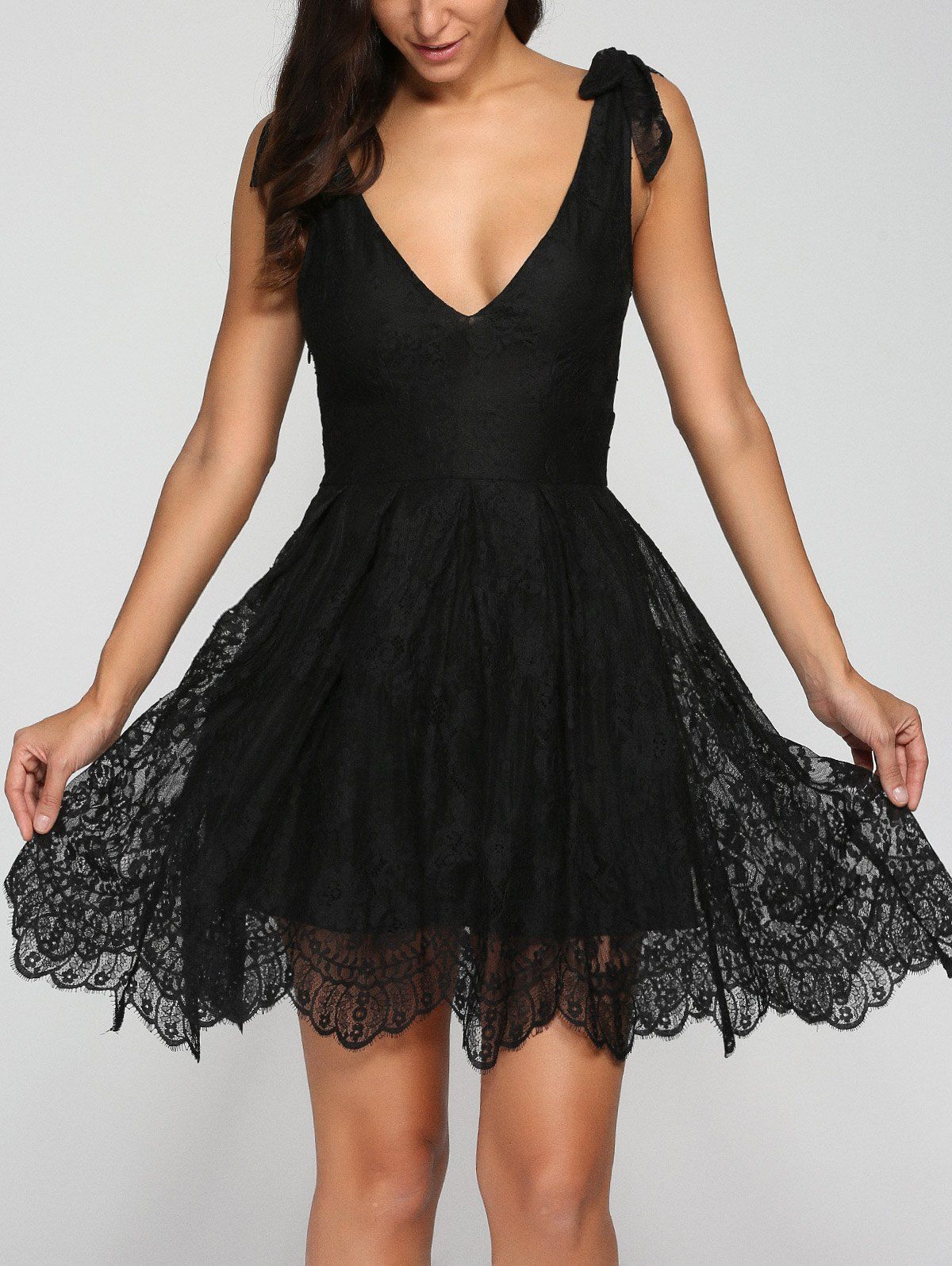 

Sleeveless V Neck Mini Lace Flare Dress, Black