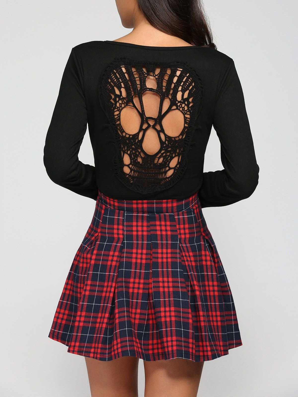 

Casual Long Sleeve Skull Hollow Out Plaid Mini Dress, Black