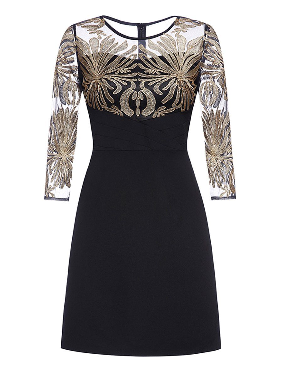 

Floral Embroidery Lace Patchwork Sheath Dress, Champagne