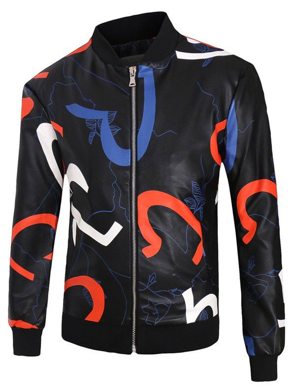 

Colorful Graphic Print Zip-Up Stand Collar PU-Leather Jacket, Black
