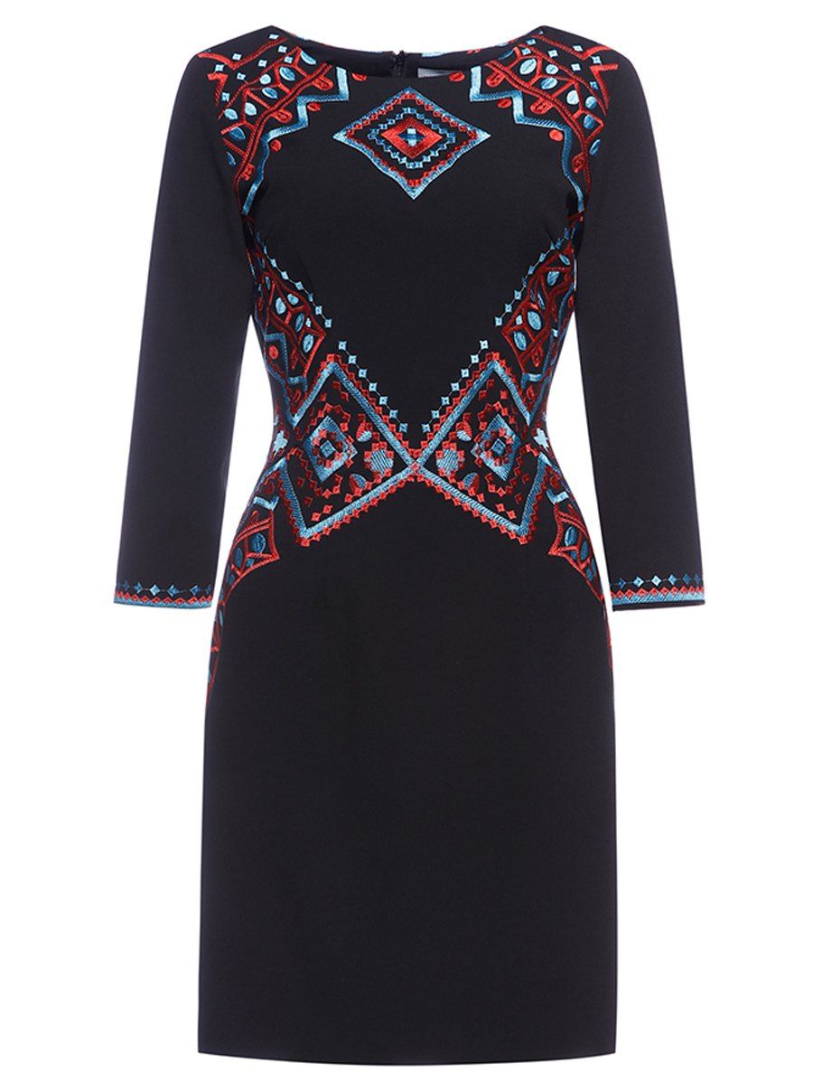 [17% OFF] 2021 Fitted Ethnic Embroidered Sheath Dress In BLACK | DressLily