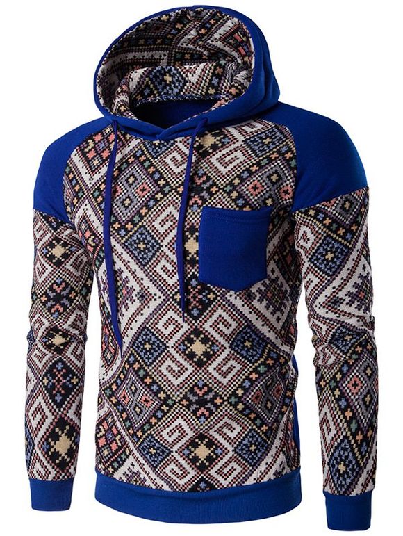 Pocket capuche manches raglan style ethnique imprimé abstrait Hoodie - Bleu Saphir 2XL