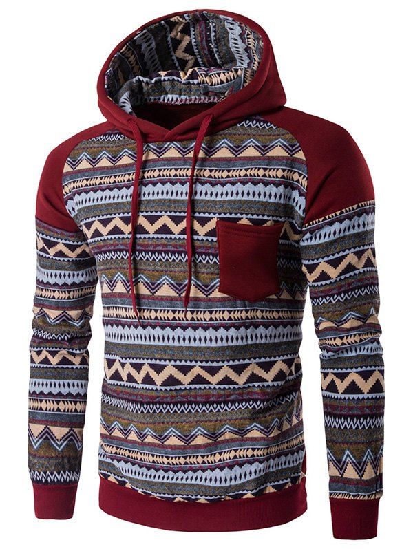 

Hooded Pocket Raglan Sleeve Color Block Tribal Printed Hoodie, Wine red