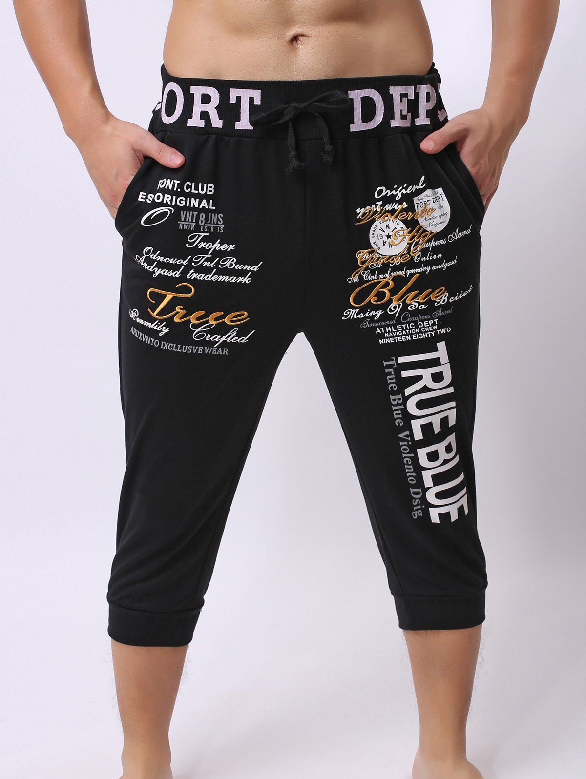 

Lace-Up Color Block Spliced Letters Print Beam Feet Men's Jogger Shorts, Black