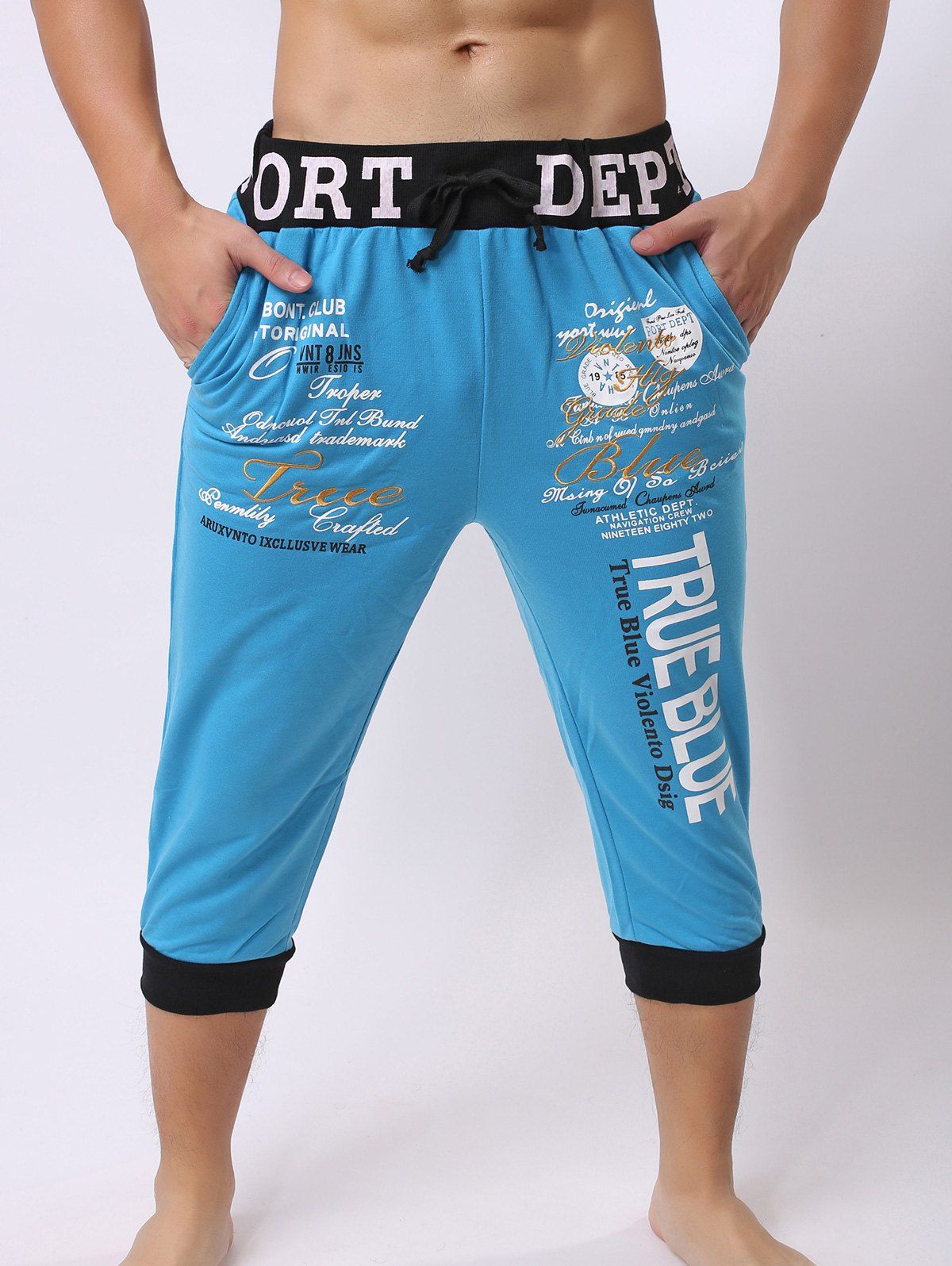 

Lace-Up Color Block Spliced Letters Print Beam Feet Men's Jogger Shorts, Blue