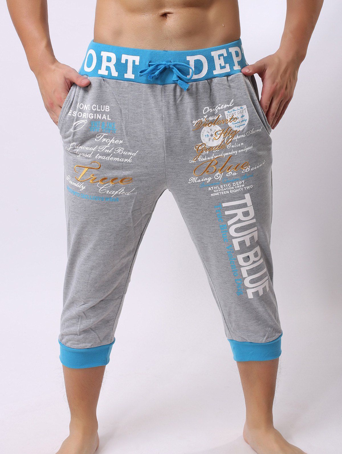 

Lace-Up Color Block Spliced Letters Print Beam Feet Men's Jogger Shorts, Light gray