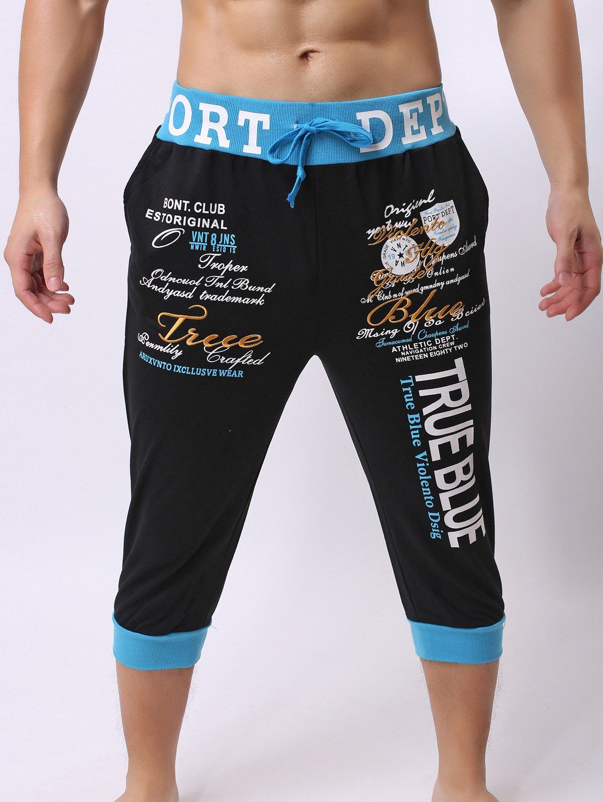 

Lace-Up Color Block Spliced Letters Print Beam Feet Men's Jogger Shorts, Blue and black