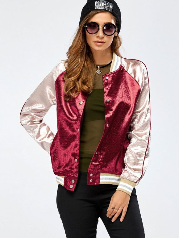 Autumn Color Block Baseball Jacket - WINE RED S