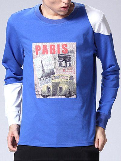 Motif col rond Longue Tour Eiffel T-shirt manches - Bleu M