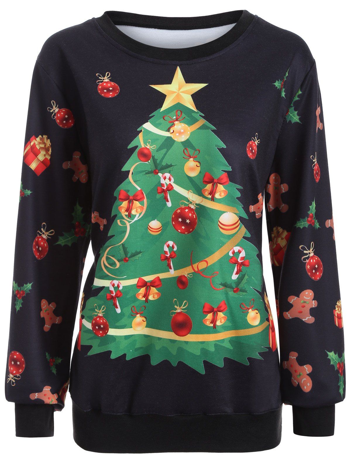 

Christmas Tree Print Crew Neck Sweatshirt, Black