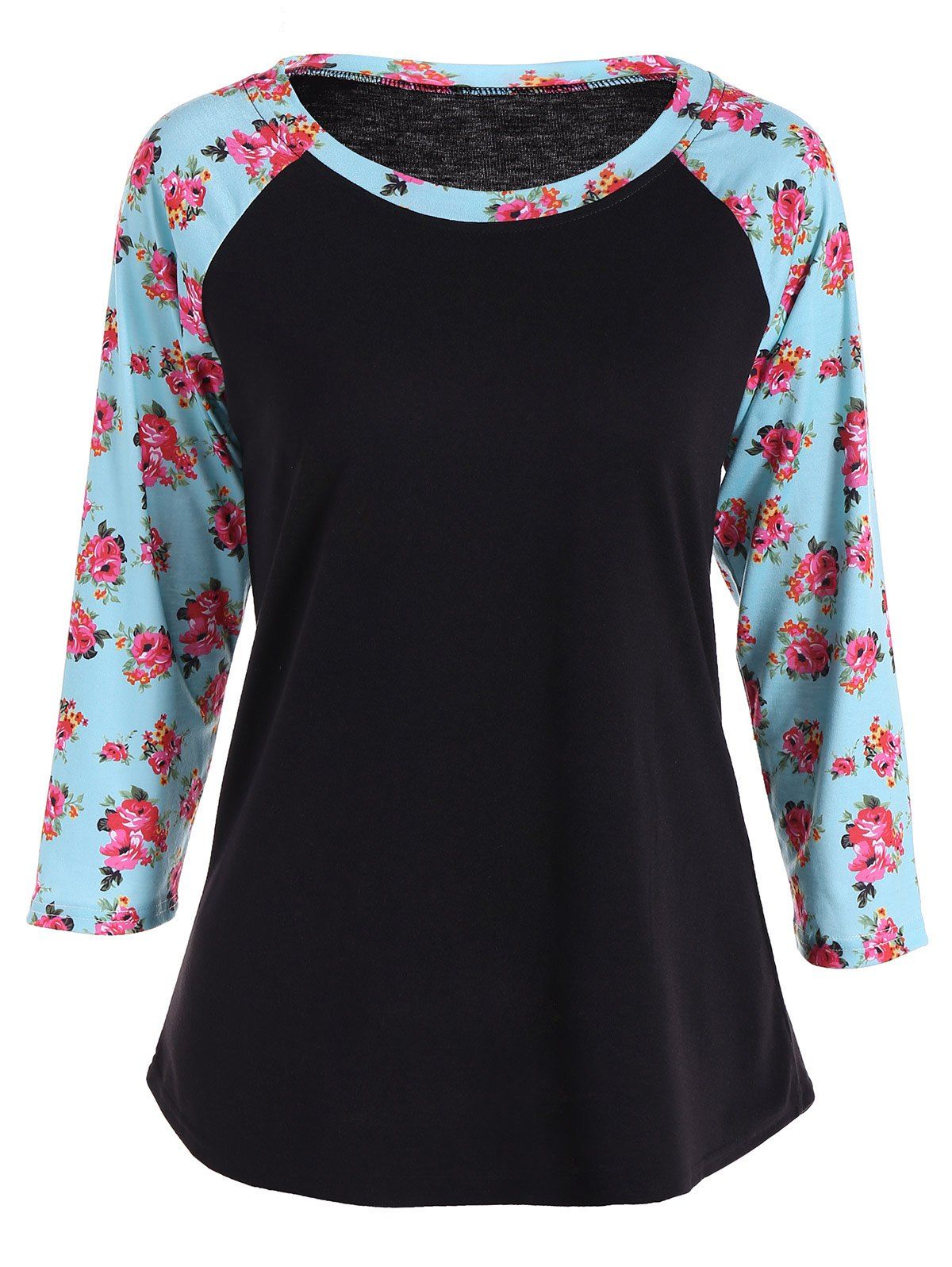 

Raglan Sleeve Flower Printed T-Shirt, Black