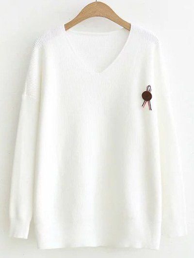 High-Low V Neck Sweater Ripped - Blanc ONE SIZE