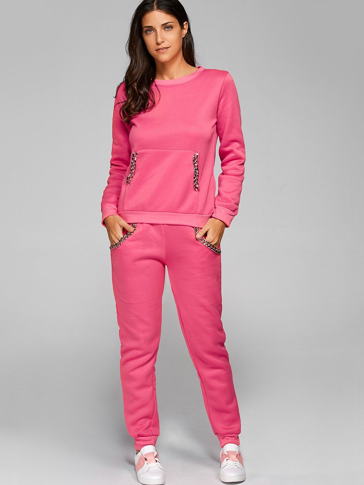 

Pocket Design Sweatshirt + Sweatpants, Deep pink