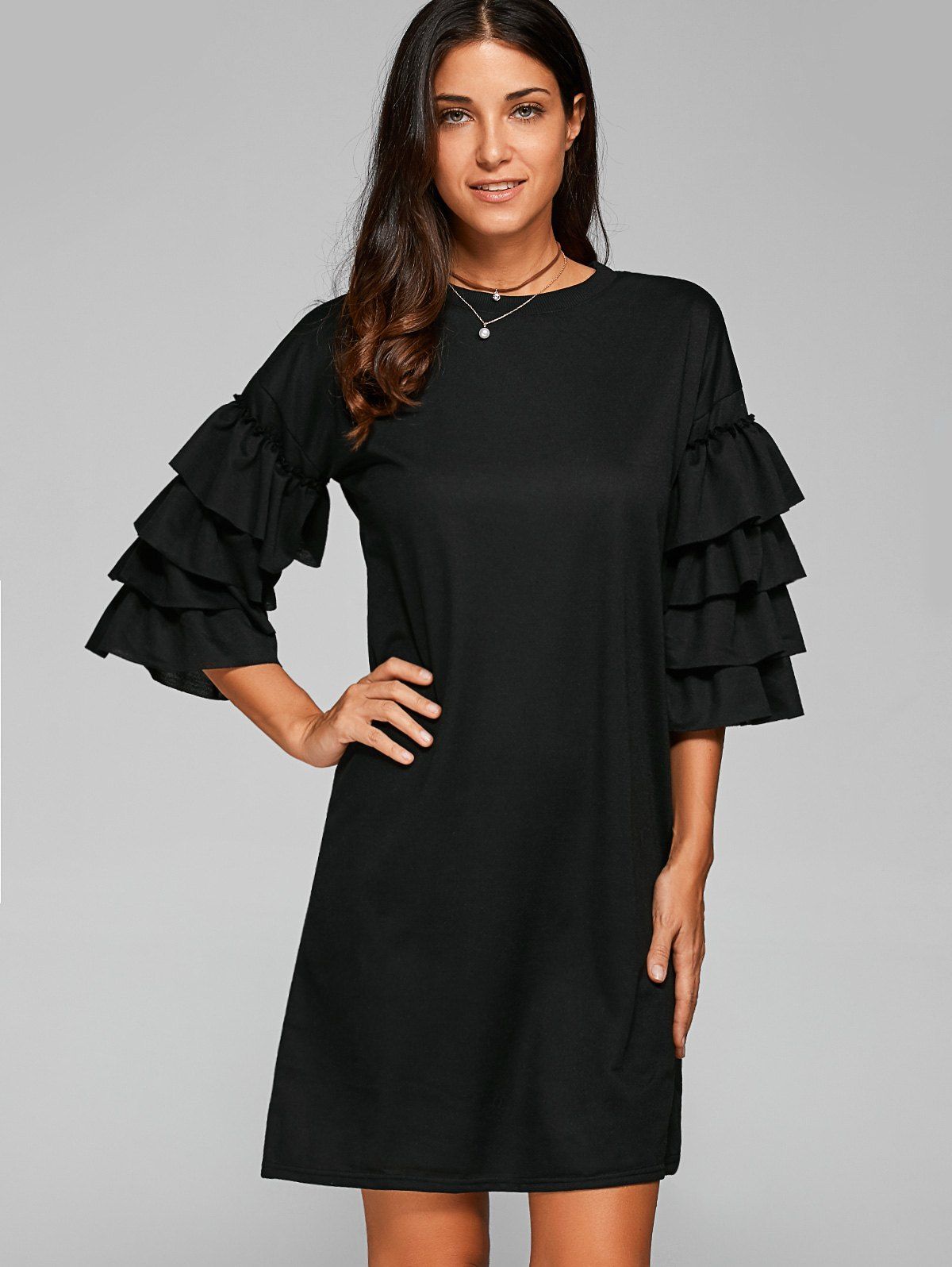 

Ruffle 3/4 Sleeve Casual Dress, Black