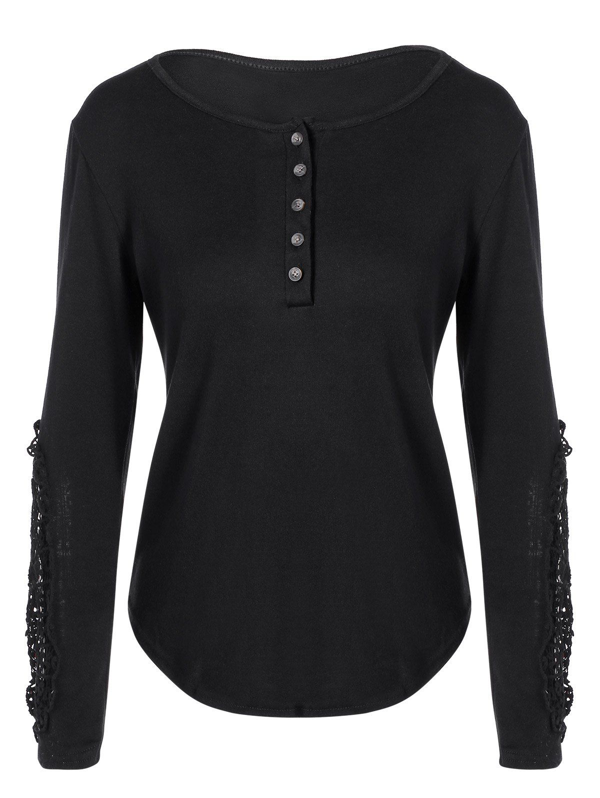 [17% OFF] 2021 Concise Openwork Lace Buttons T-Shirt In BLACK | DressLily