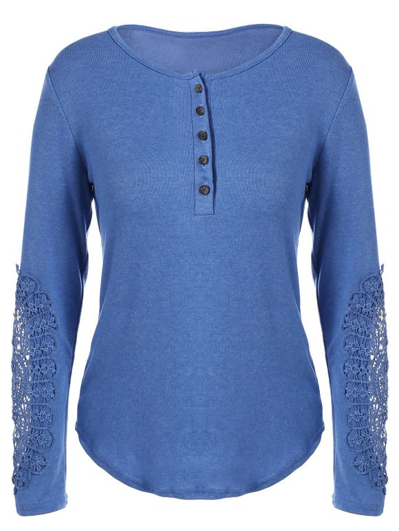 Concise Boutons ajouré de dentelle T-shirt - Bleu XL