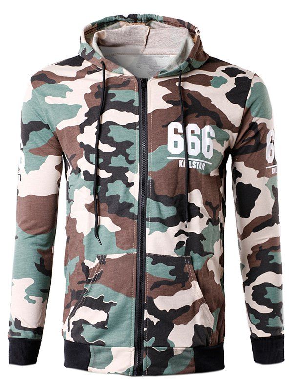 

Zip-Up Star 666 Print Camouflage Hoodie, Off-white