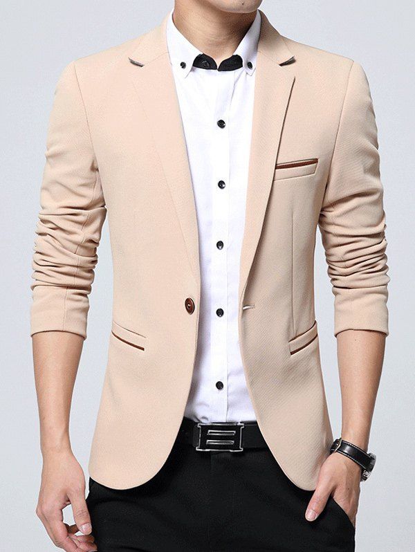 

Edging Embellished Lapel One Button Business Blazer, Khaki