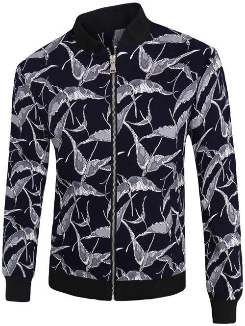 

Stand Collar Zip-Up Birds Print Jacket, Cadetblue