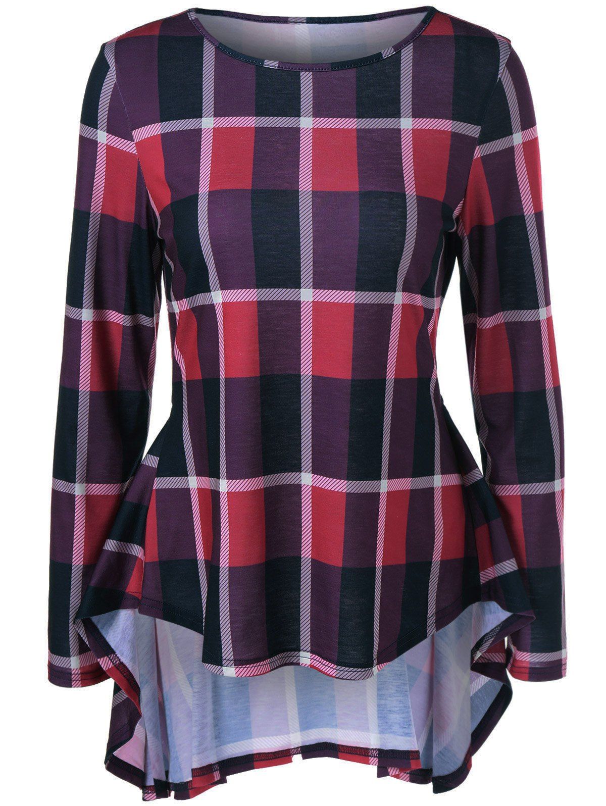 

High Low Plaid Peplum Flowy Blouse, Checked
