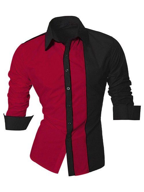 Chemise homme color block avec manches longues - Rouge et Noir 4XL