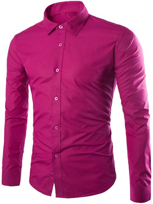 

Shirt Collar Single Breasted Long Sleeve Shirt, Rose red