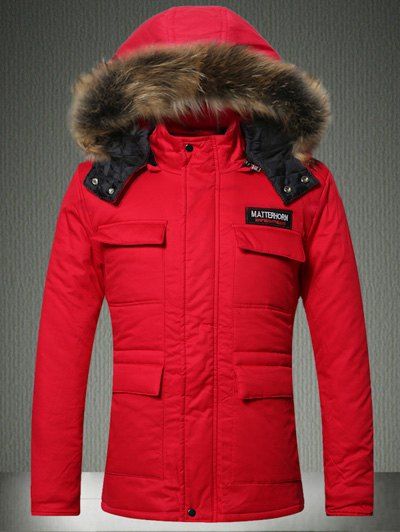 

Furry Hood Zip-Up Applique Pockets Padded Coat, Red