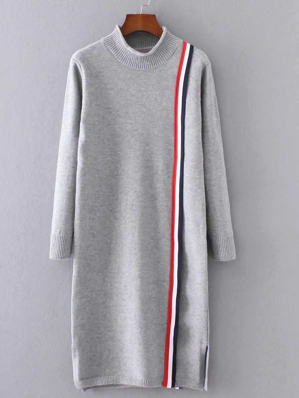 

High Neck Slit Striped Sweater Dress, Gray