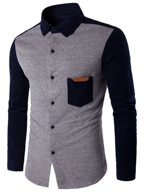 

Color Block Long Sleeve Spliced Pocket Shirt, Gray