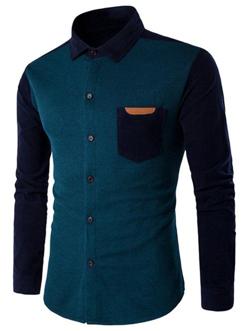 

Color Block Long Sleeve Spliced Pocket Shirt, Lake blue