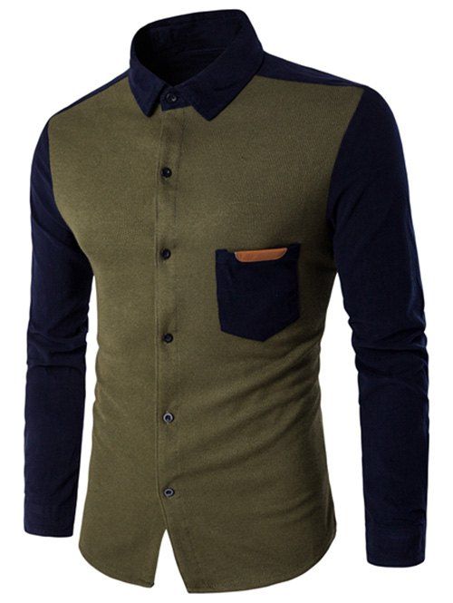 

Color Block Long Sleeve Spliced Pocket Shirt, Army green