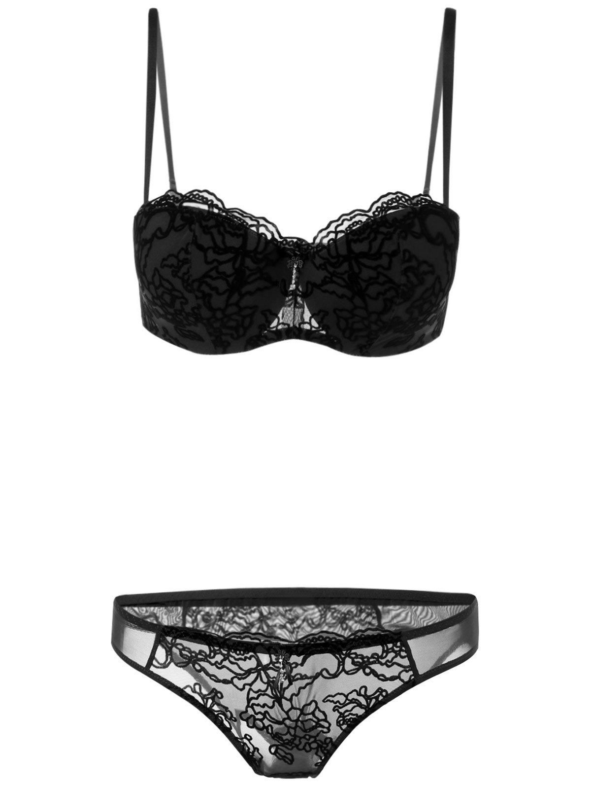 

See-Through Lace Embroidered Bra Set, Black