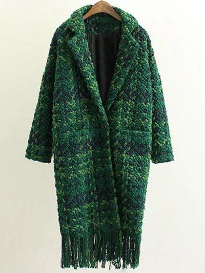 Houndstooth Fringed Woolen Coat - GREEN S