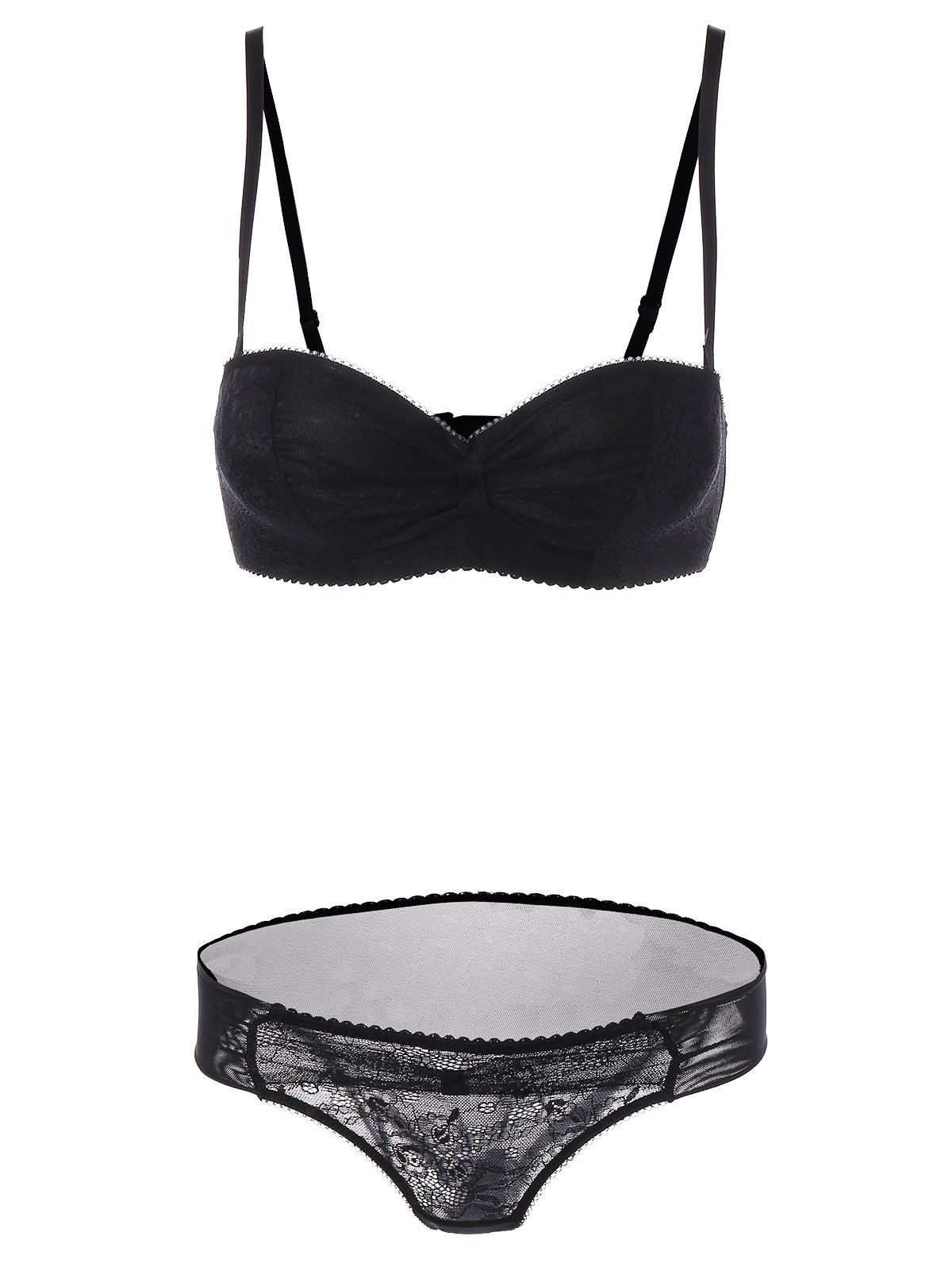 

See-Through Embroidered Bra Set, Black