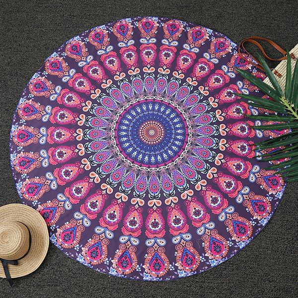 

Ethnic Feather Mandala Print Round Beach Throw, Deep purple