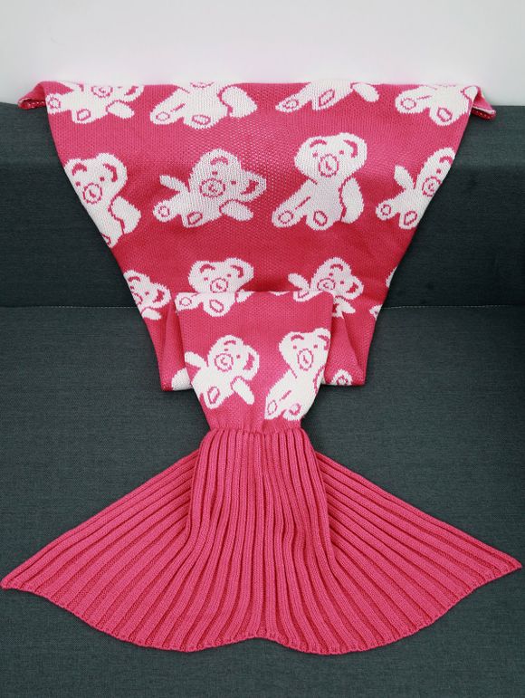 Couverture de laine tricotée en queue de sirène avec dessin d'Ours en acrylique - Rouge Rose 